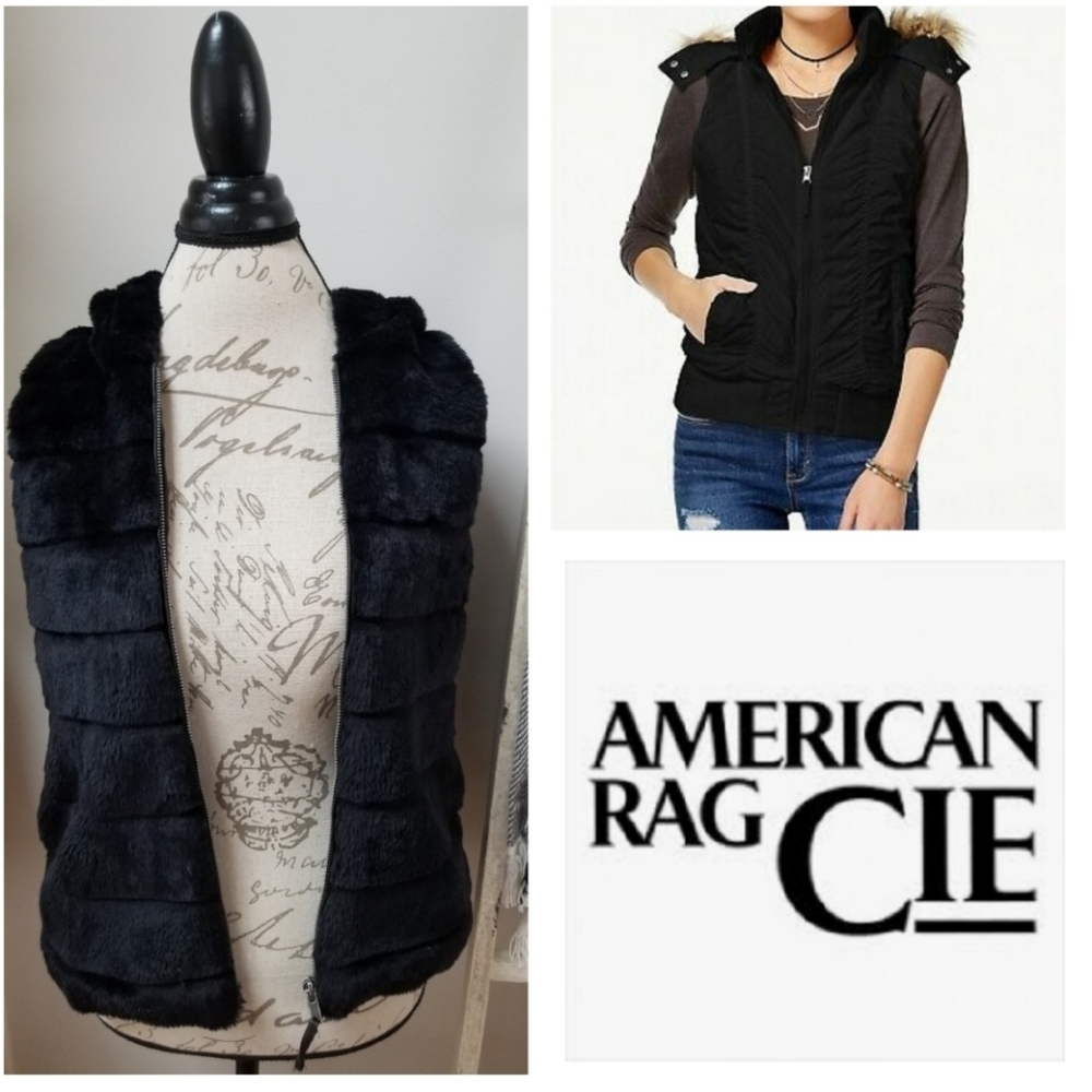 American Rag Black Faux Fur Hooded Chevron/Ribbed Vest